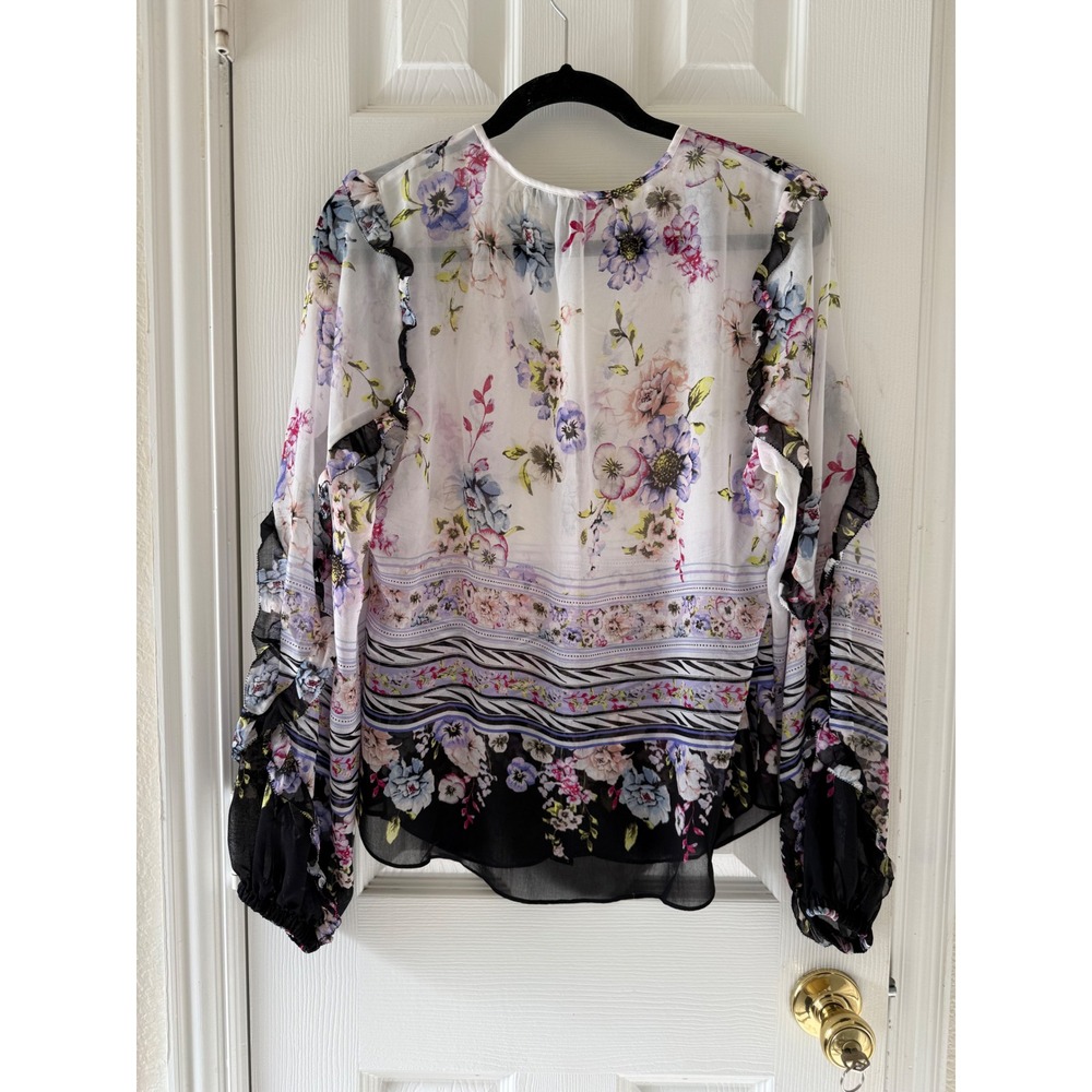 White House Black Market Sheer Floral Border Boho Blouse M Ruffle‎ Sleeve - Picture 5 of 6